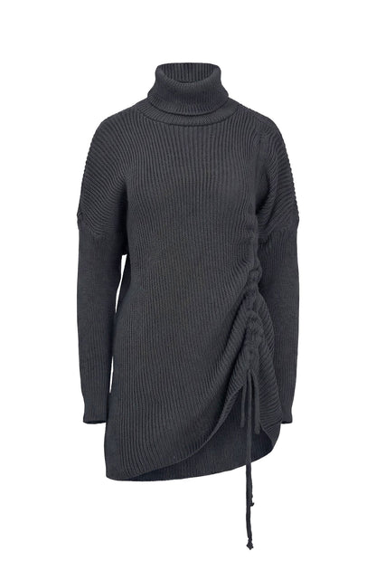 Women's Rib-Knit Turtleneck Tunic Sweater with Asymmetric Tie Front