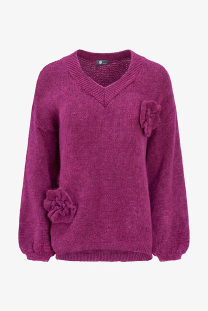 Women's Knit V-Neck Sweater, Long Sleeves & Flower Details