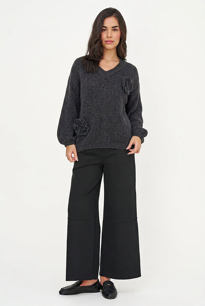 Women's Knit V-Neck Sweater, Long Sleeves & Flower Details