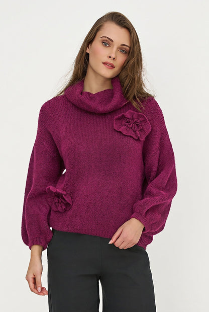 Women's Cowl Turtleneck Sweater, Long Sleeves & Flower Details