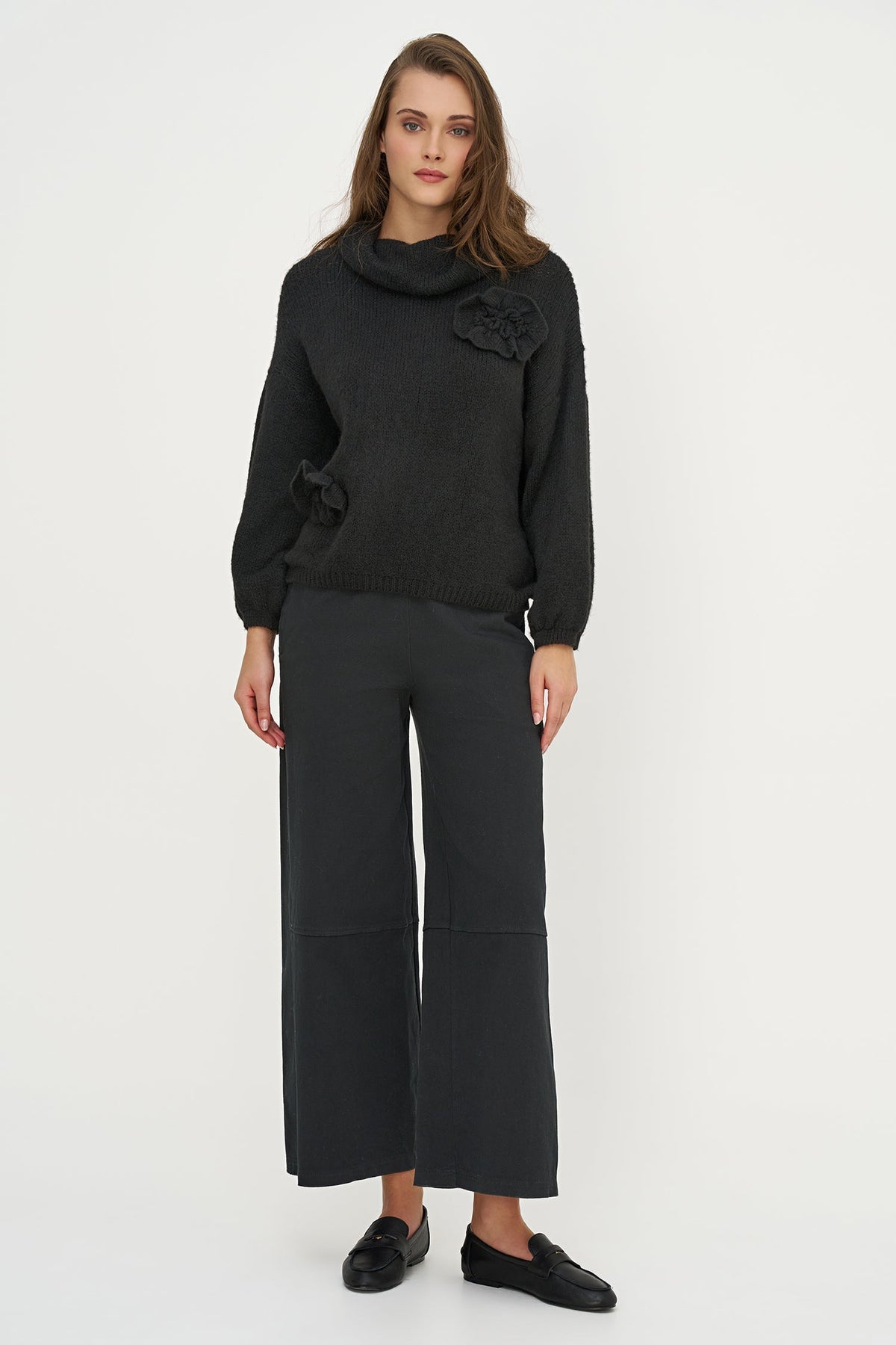 Women's Cowl Turtleneck Sweater, Long Sleeves & Flower Details