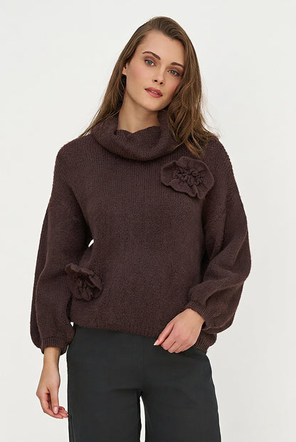 Women's Cowl Turtleneck Sweater, Long Sleeves & Flower Details