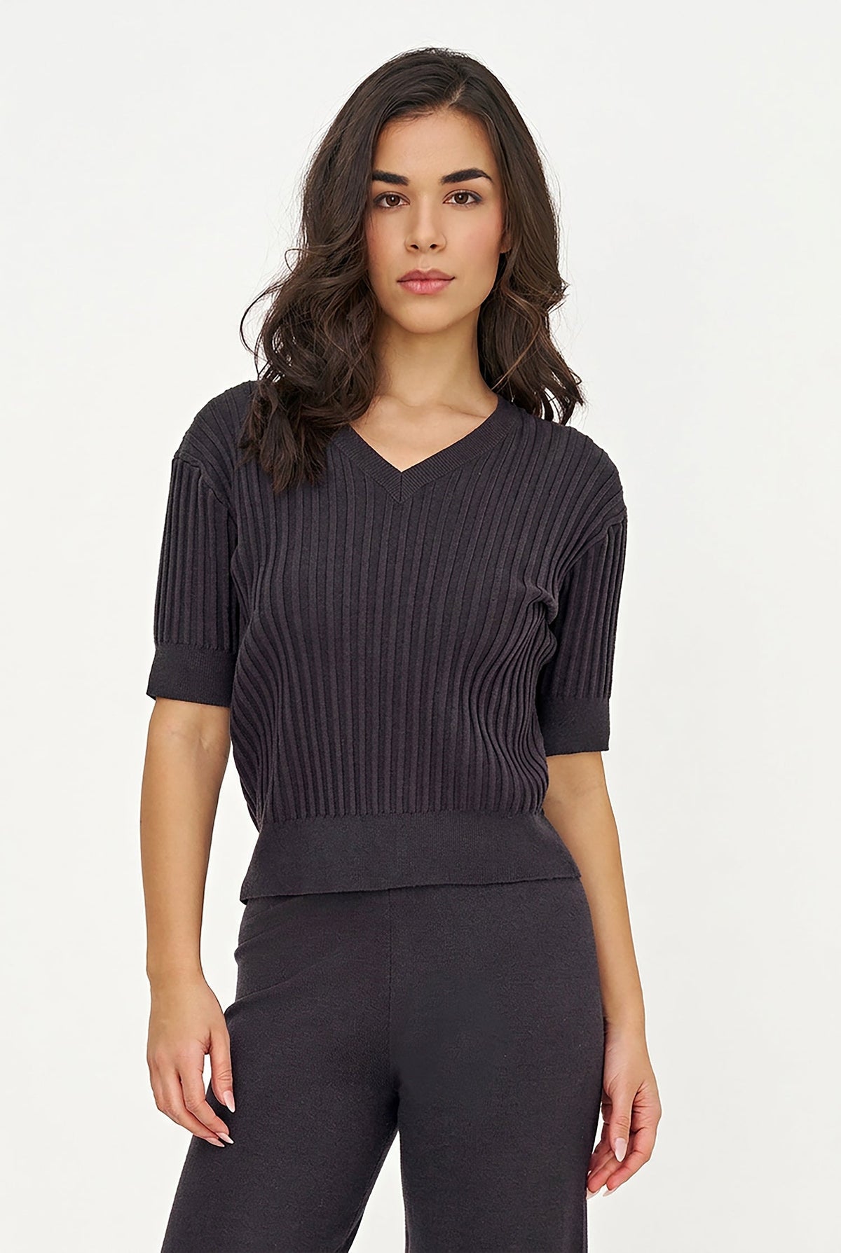 Women's Rib-Knit V-Neck Sweater with Elbow-Length Sleeves