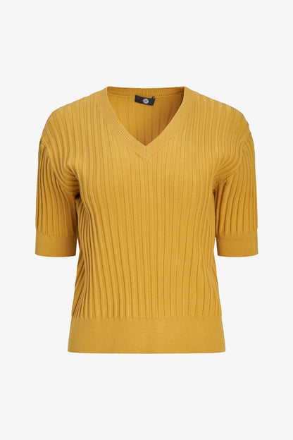 Women's Rib-Knit V-Neck Sweater with Elbow-Length Sleeves