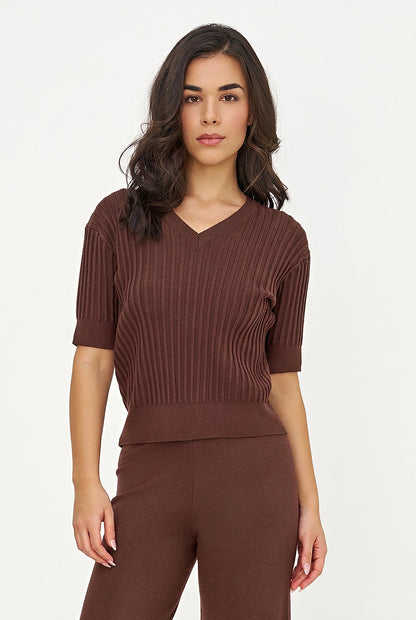 Women's Rib-Knit V-Neck Sweater with Elbow-Length Sleeves