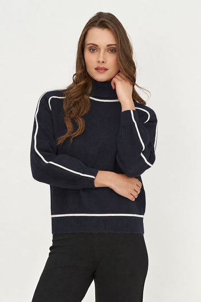 Women's Color-Block Turtleneck Sweater, Long Sleeves & Piping