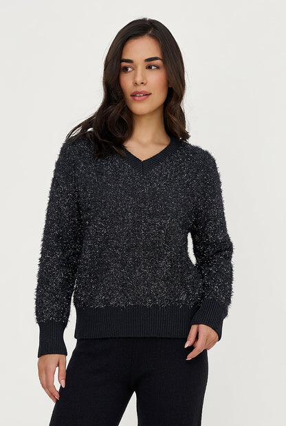 Women's Tinsel-Knit V-Neck Sweater with Long Sleeves
