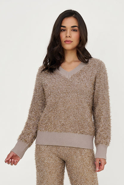Women's Tinsel-Knit V-Neck Sweater with Long Sleeves