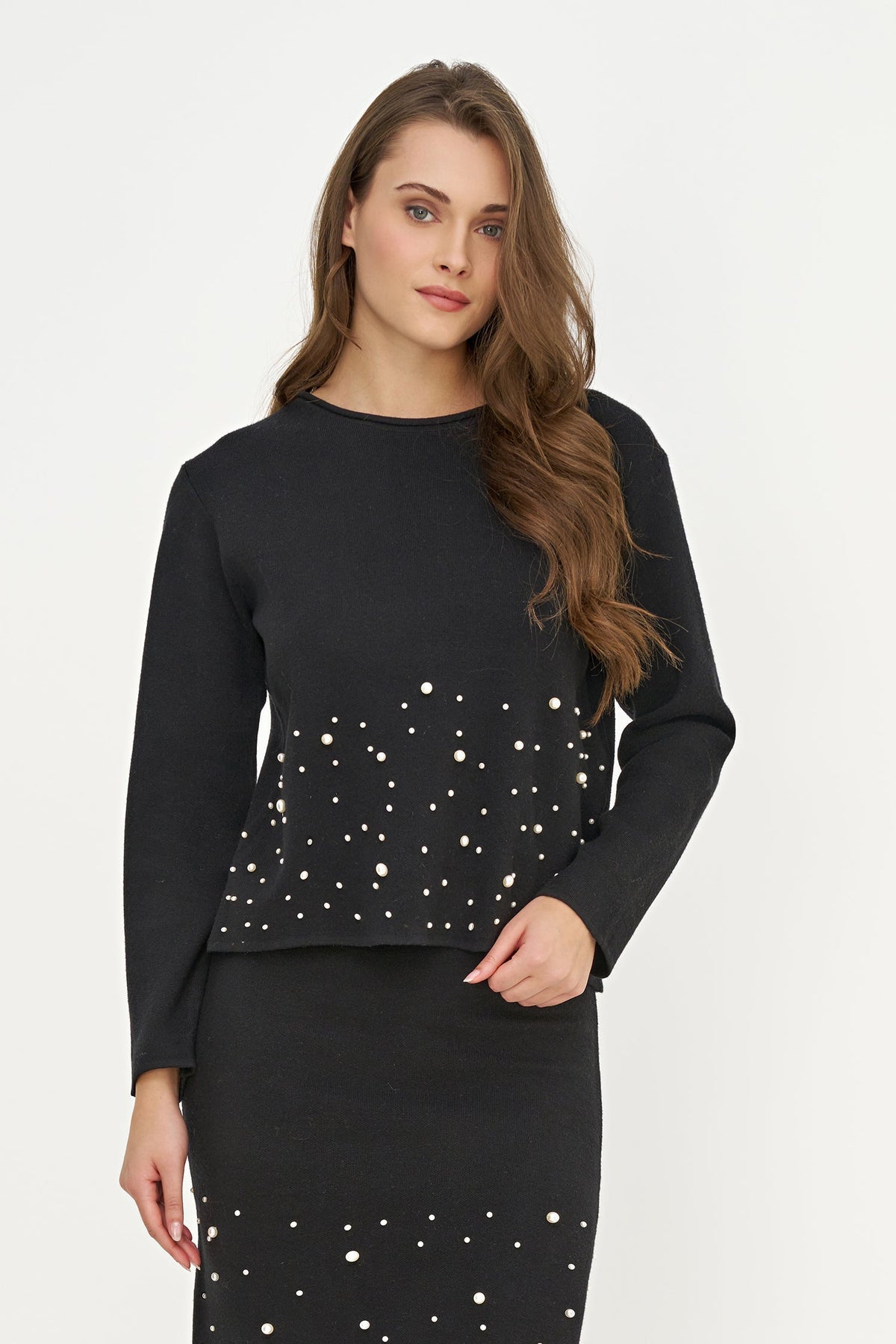 Women's Knit Crew-Neck Sweater, Long Sleeves & Pearl Details