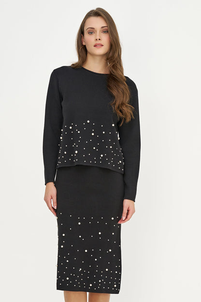 Women's Knit Crew-Neck Sweater, Long Sleeves & Pearl Details
