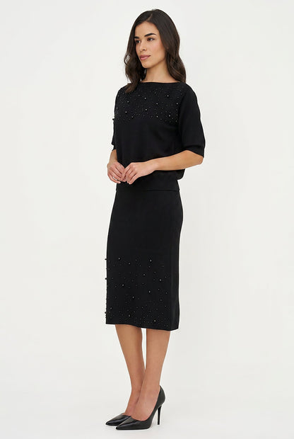 Women's Boat-Neck Sweater, Elbow-Length Sleeves & Pearl Details