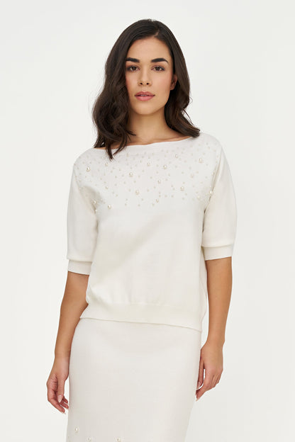 Women's Boat-Neck Sweater, Elbow-Length Sleeves & Pearl Details