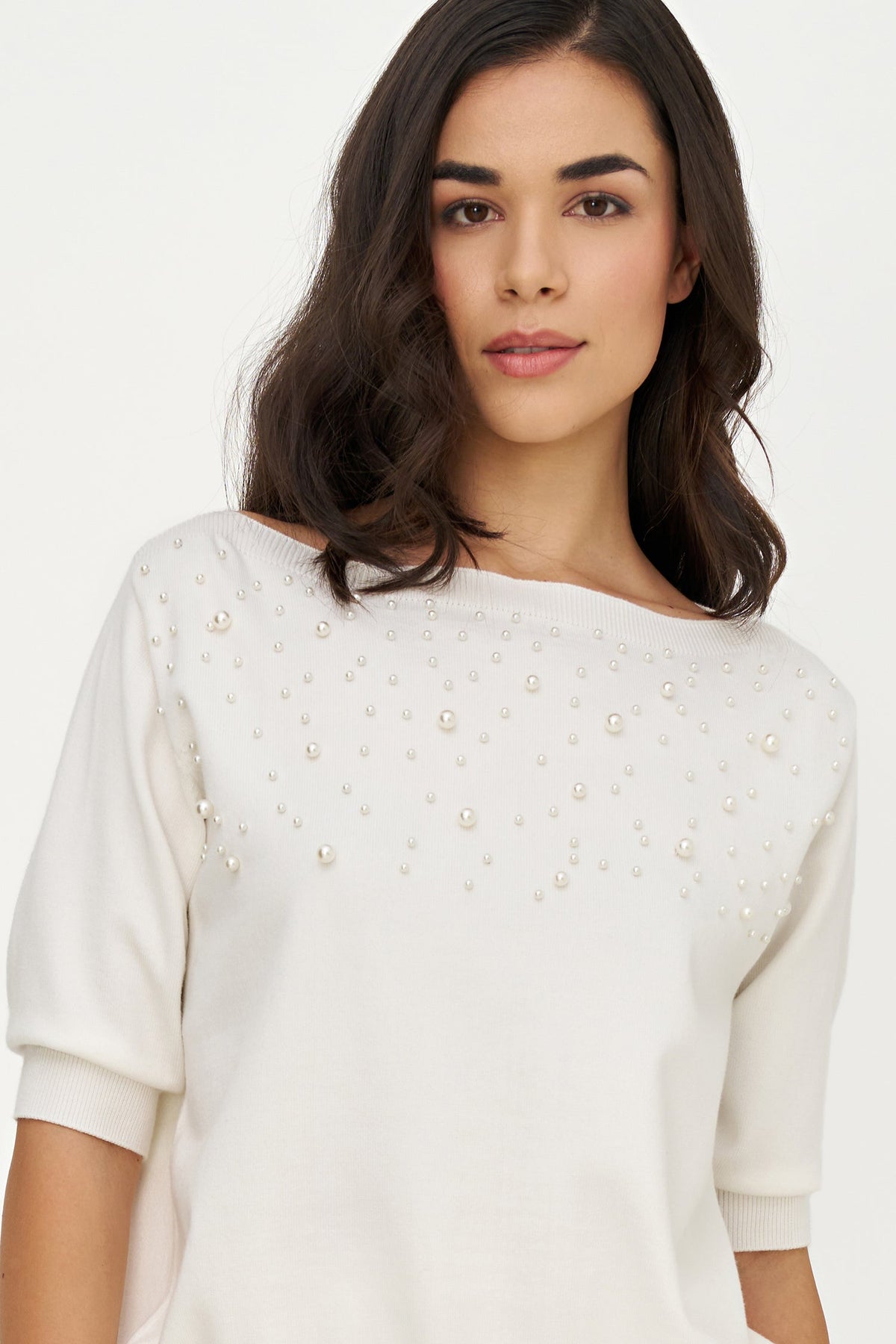 Women's Boat-Neck Sweater, Elbow-Length Sleeves & Pearl Details