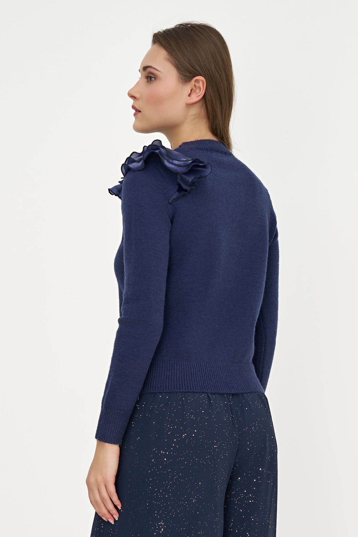 Women's Knit Crew-Neck Sweater, Long Sleeves & Organza Shoulder Ruffle