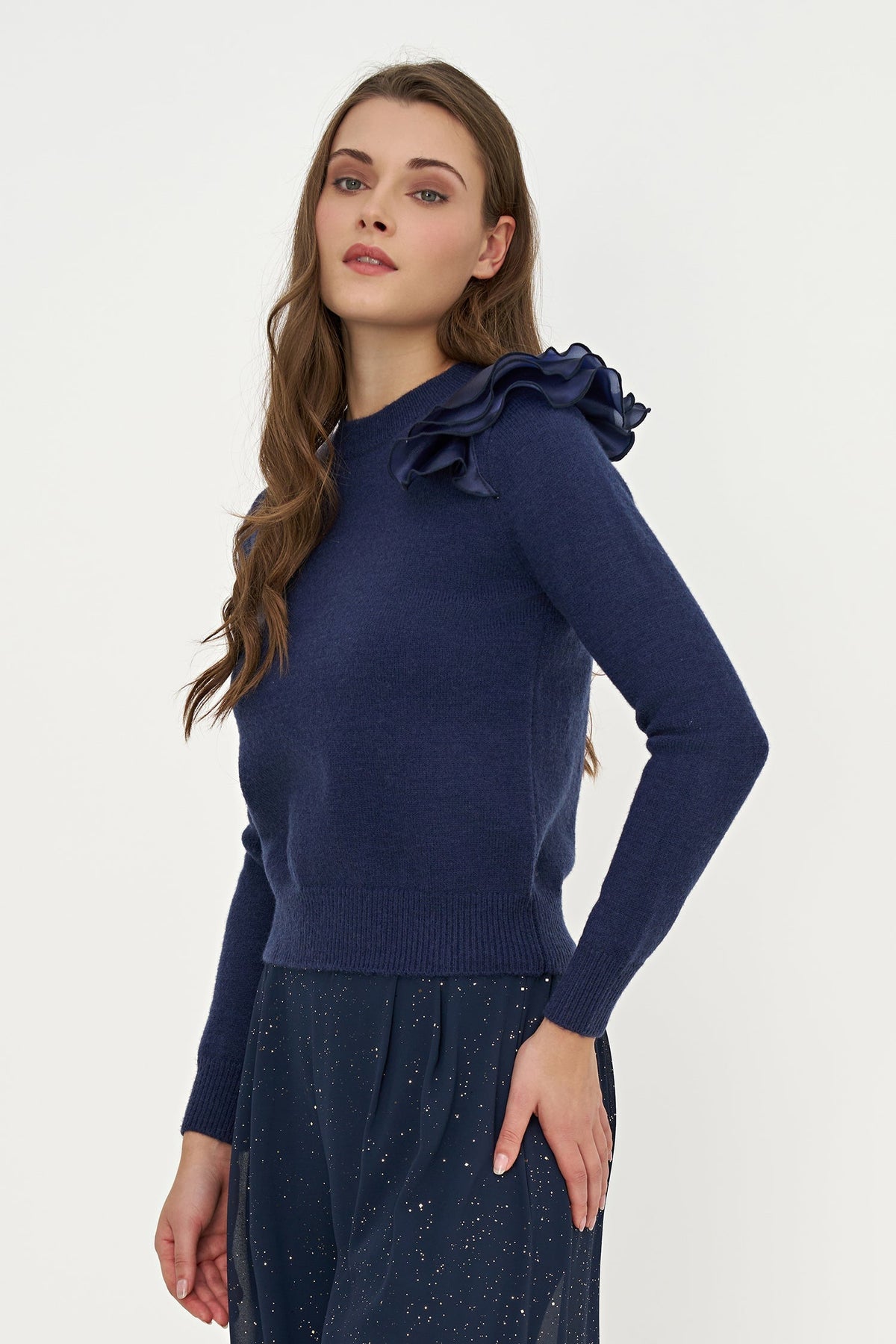 Women's Knit Crew-Neck Sweater, Long Sleeves & Organza Shoulder Ruffle