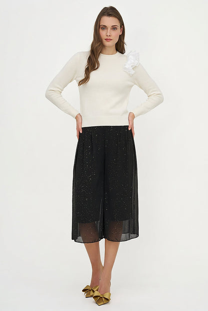 Women's Knit Crew-Neck Sweater, Long Sleeves & Organza Shoulder Ruffle