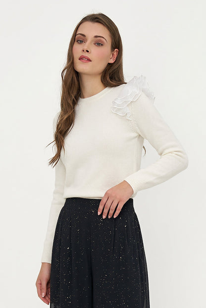 Women's Knit Crew-Neck Sweater, Long Sleeves & Organza Shoulder Ruffle