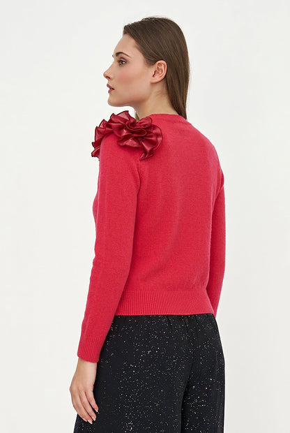 Women's Knit Crew-Neck Sweater, Long Sleeves & Organza Shoulder Ruffle