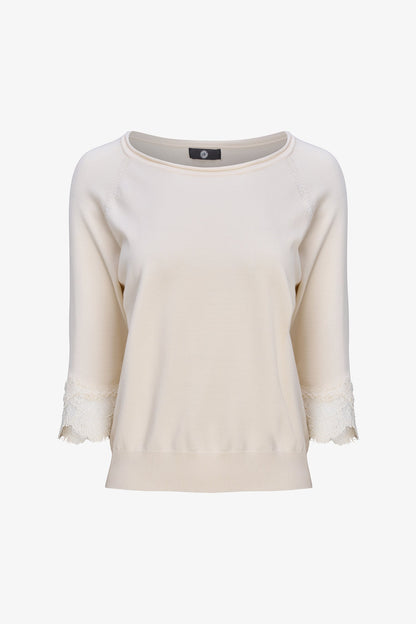 Women's Fine Knit Crew-Neck Sweater, 3/4 Raglan Sleeves & Lace Cuffs