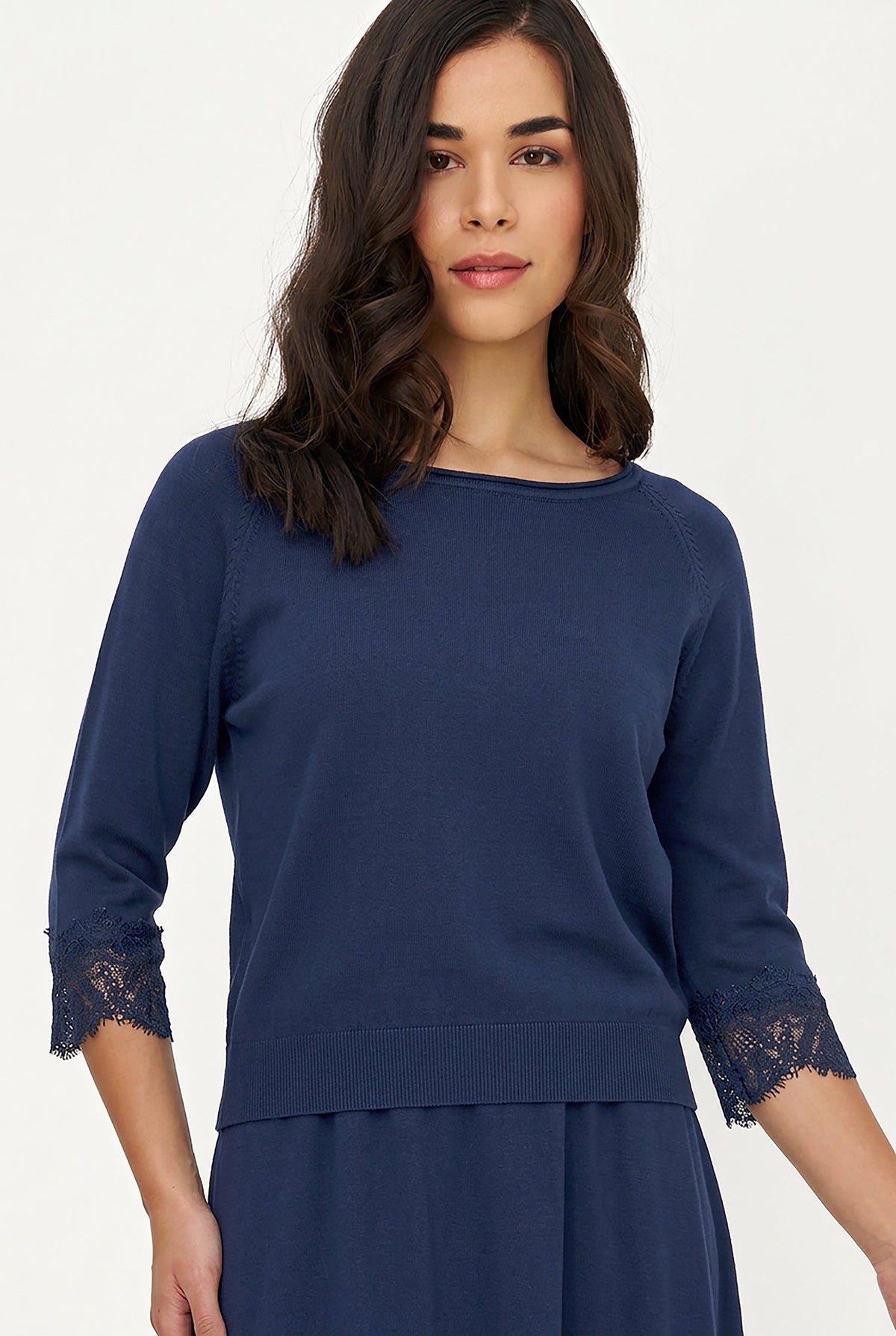 Women's Fine Knit Crew-Neck Sweater, 3/4 Raglan Sleeves & Lace Cuffs