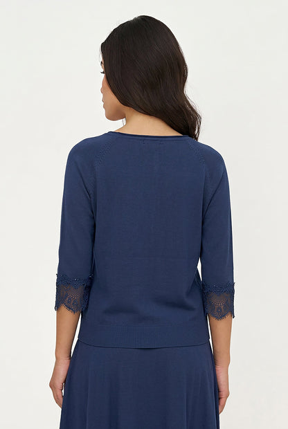 Women's Fine Knit Crew-Neck Sweater, 3/4 Raglan Sleeves & Lace Cuffs