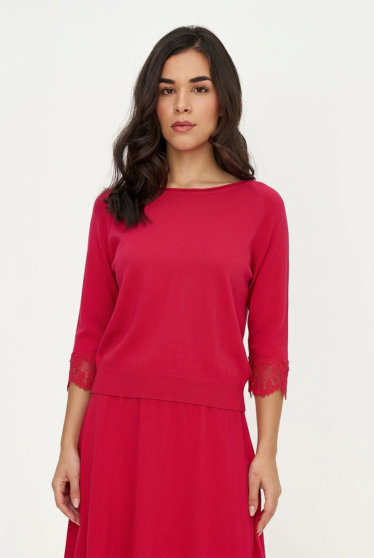 Women's Fine Knit Crew-Neck Sweater, 3/4 Raglan Sleeves & Lace Cuffs
