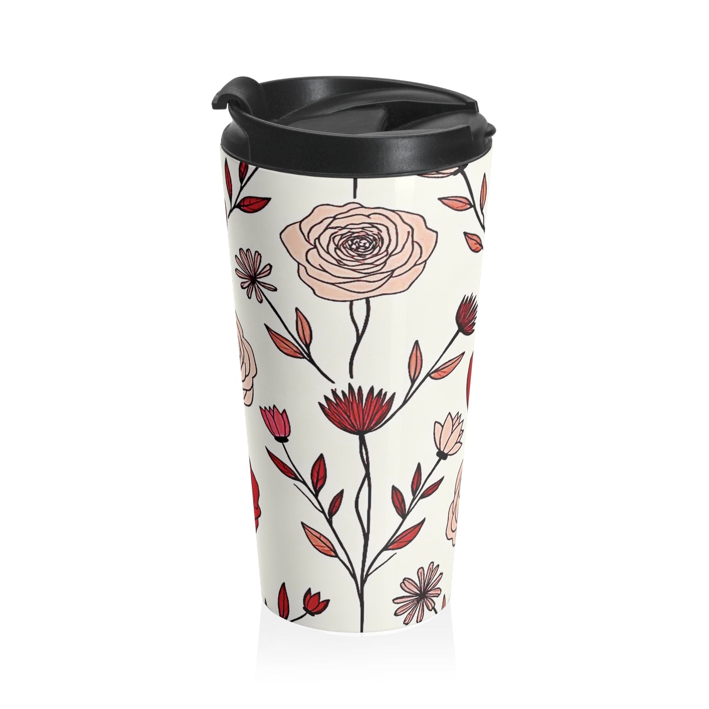 Hand-Drawn Red Heart Floral Stainless Steel Travel Mug | Valentine Pattern - AURABAGS SHOP