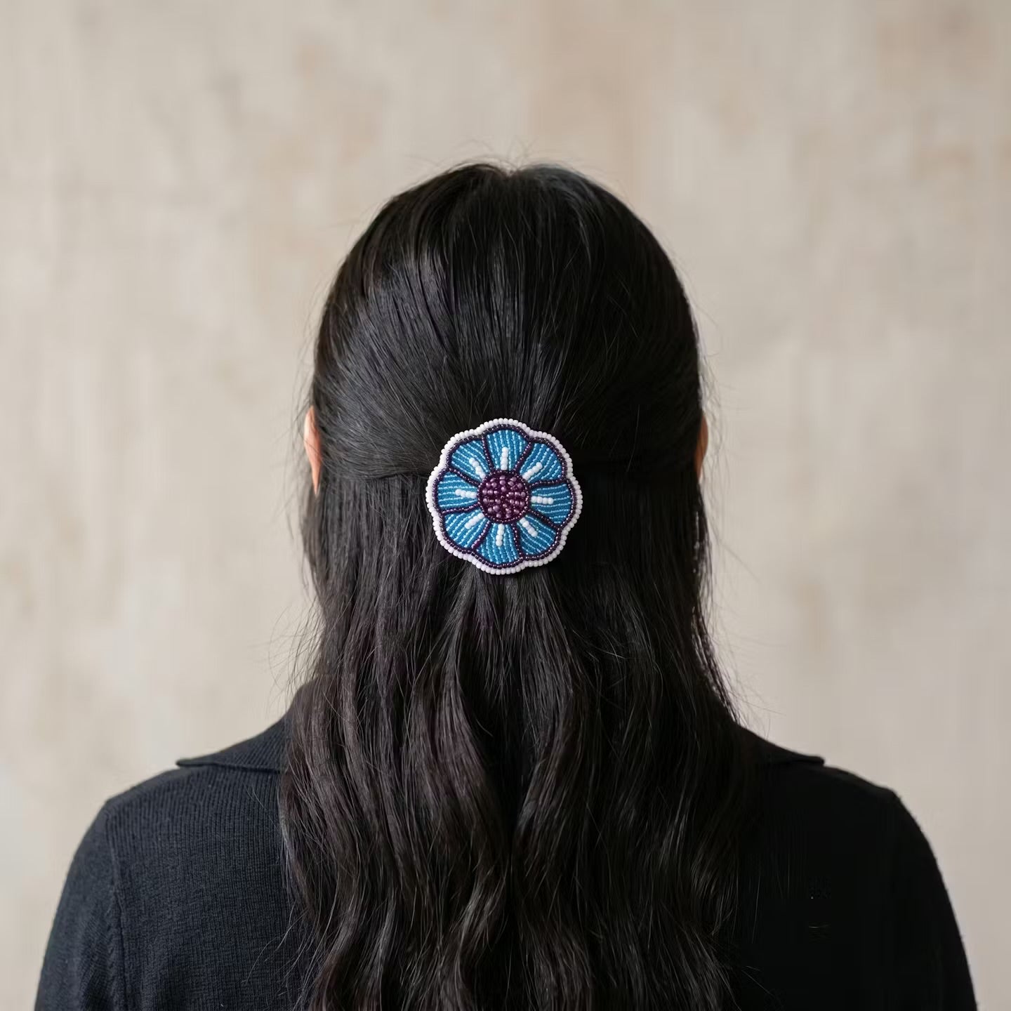 Blue Beaded Flower Barrette