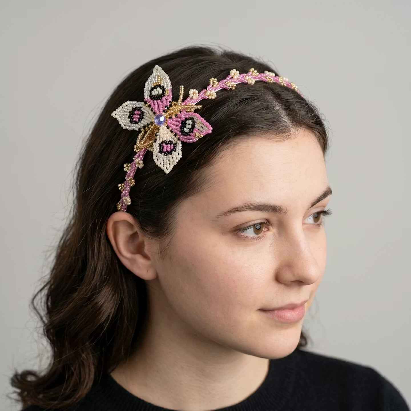 Beaded Headband with Butterfly Pink