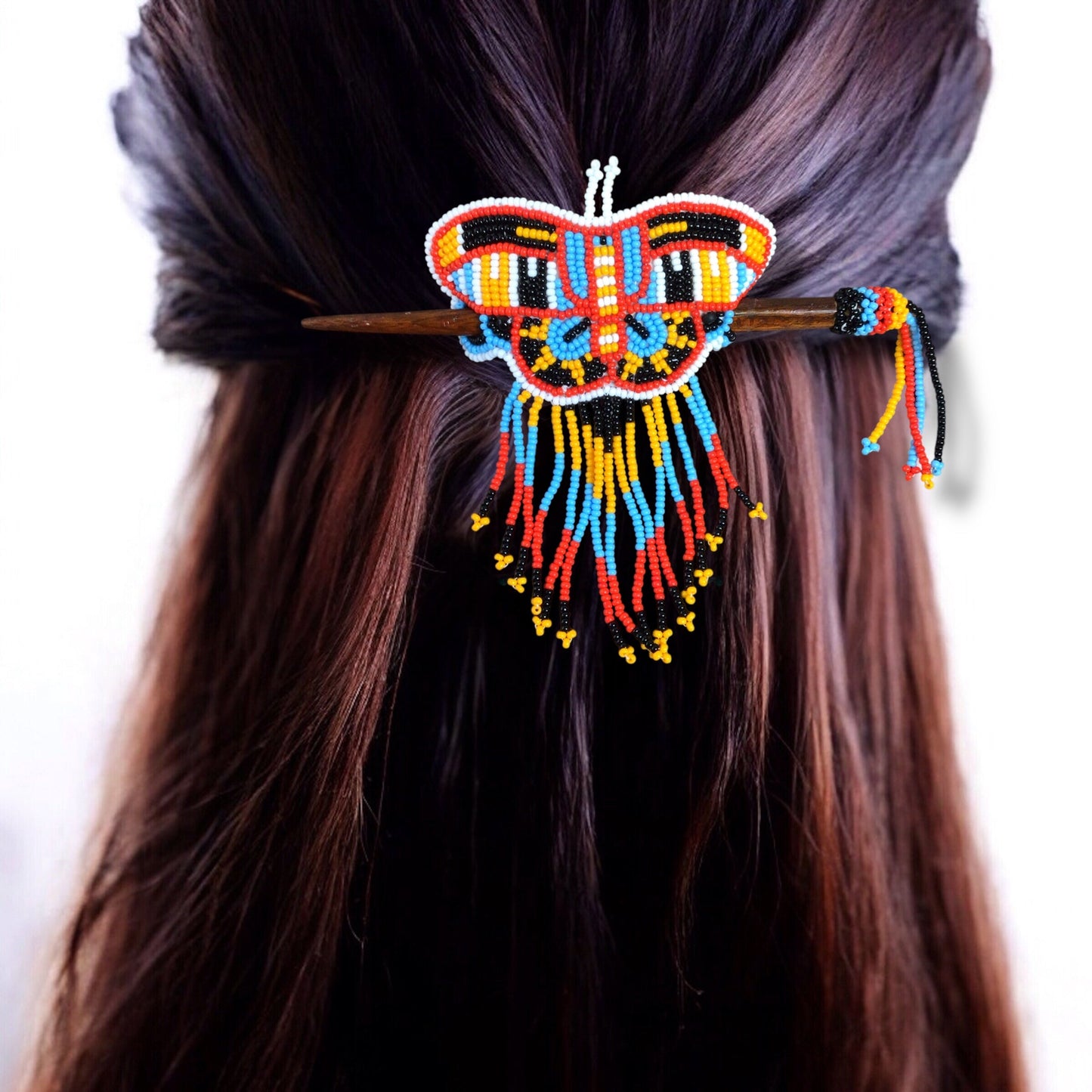 Red and Yellow Wooden Stick Butterfly Beaded Barrette with Fringes
