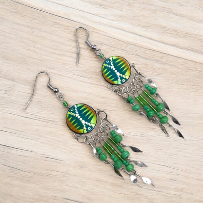 Green and Yellow Southwestern Round Shaped Dangle Earrings