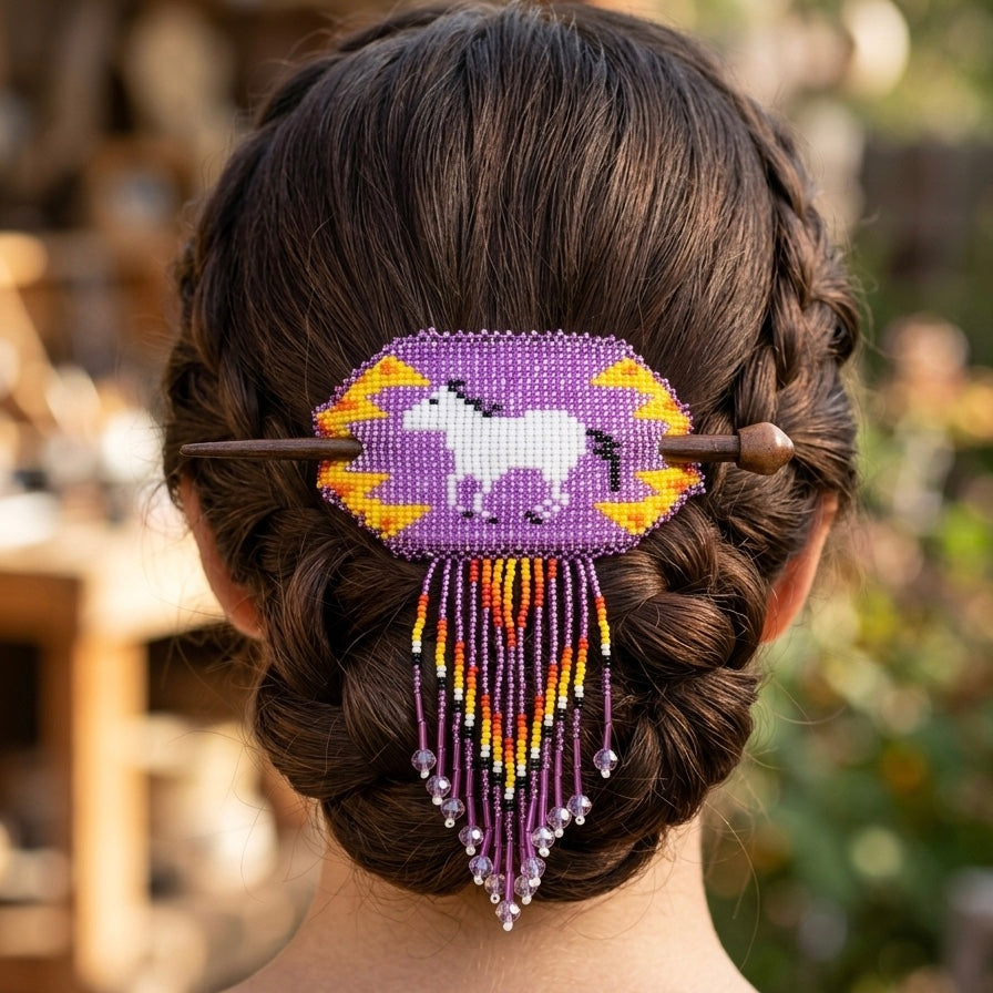 Fringed Beaded Barrette & Wooden Stick Horses