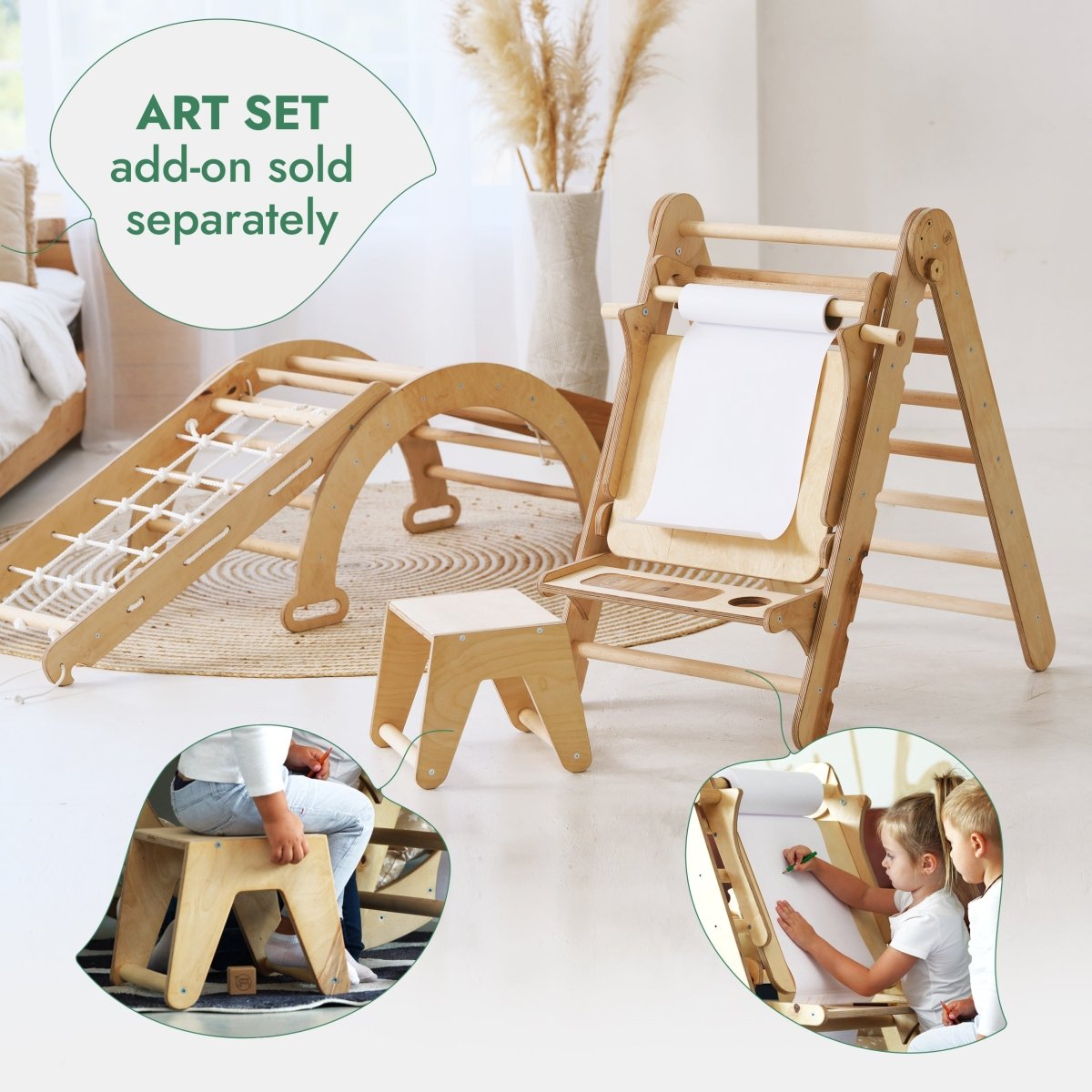 4in1 Montessori Climbing Frame Set: Triangle Ladder + Arch/Rocker + Slide Board/Ramp + Netting rope