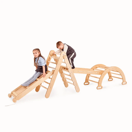 4in1 Montessori Climbing Frame Set: Triangle Ladder + Arch/Rocker + Slide Board/Ramp + Netting rope