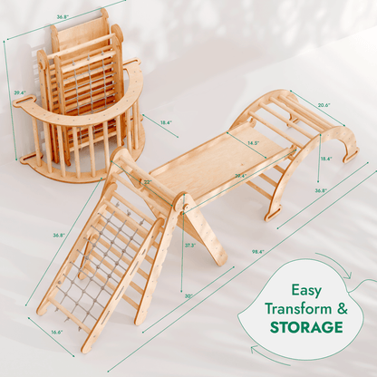4in1 Montessori Climbing Frame Set: Triangle Ladder + Arch/Rocker + Slide Board/Ramp + Netting rope