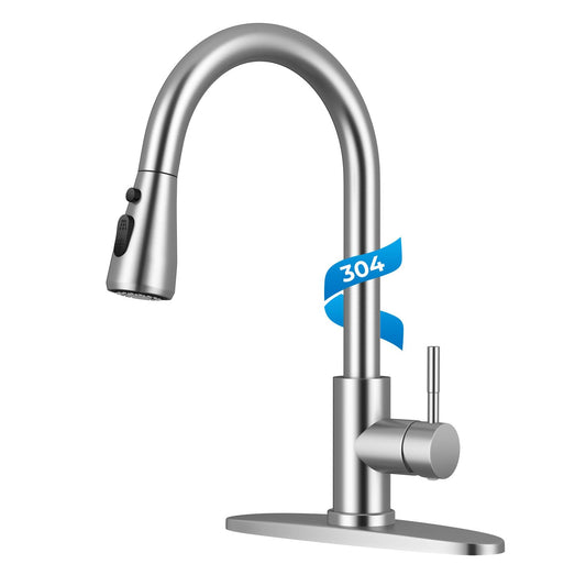 WEWE Pull-Down Kitchen Faucet with Sprayer 3 Modes, High Arc Stainless Steel with Brushed Nickel Finish, for 1 or 3 Hole Kitchen Sinks for Pot Filler, Farmhouse Bar Laundry 🍁 All In One Marketplace Canada