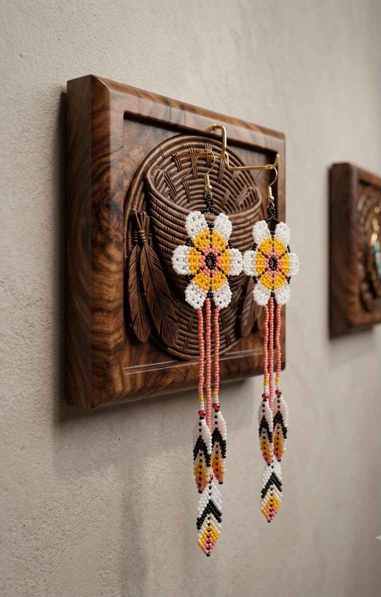Sun Feather Bloom Beaded Earrings yellow/ white/ peach