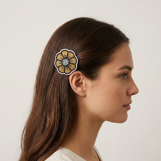 Golden Beaded Flower Barrette