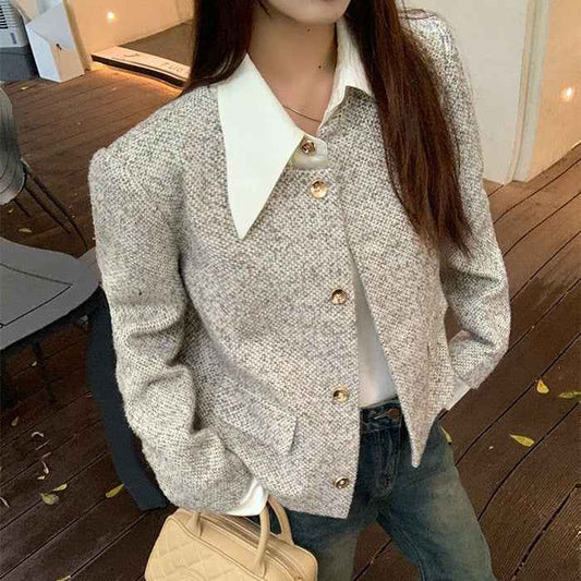 Women's Trendy Vintage Tweed Button-Up Long-Sleeve Top