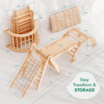 5in1 Montessori Climbing Frame Set: Triangle Ladder + Arch/Rocker + Slide Board/Ramp + Netting rope + Cushion