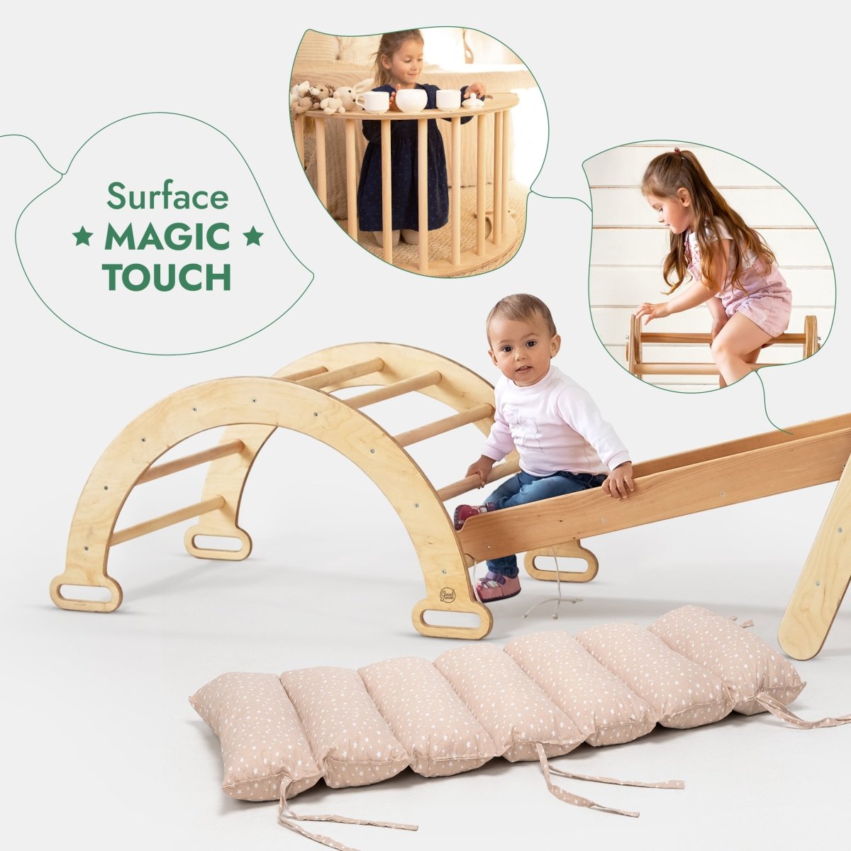 5in1 Montessori Climbing Frame Set: Triangle Ladder + Arch/Rocker + Slide Board/Ramp + Netting rope + Cushion