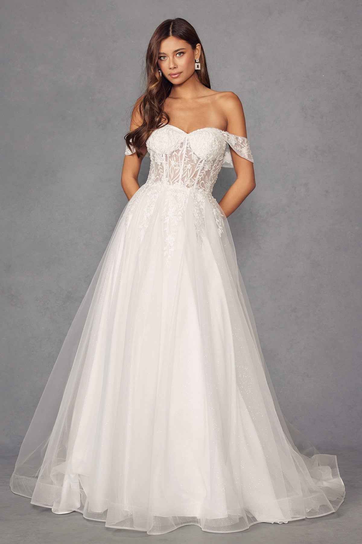 Off-Shoulder Wedding Gown with floral appliqué