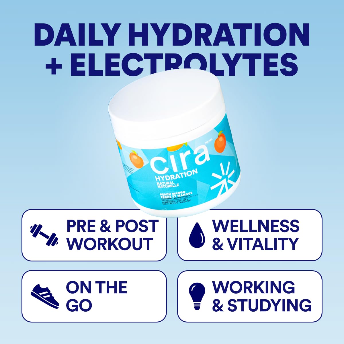 Cira Hydration Electrolytes Powder - Daily Electrolyte Powder, Sugar Free Naturally Flavoured & Sweetened w Stevia, Hydration Powder w Himalayan Salt for Dehydration Relief - Peach Mango, 45 Servings 🍁 All In One Marketplace Canada