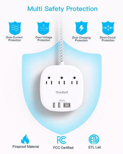 One Beat Flat Plug Power Bar with USB C, 6FT Ultra-Thin Extension Cord, 3 Outlet with 4 USB Ports (2 USB C) Desktop Charging Station, No Surge Protection for Cruise Ship, Travel Essentials, Dorm Room 🍁 All In One Marketplace Canada