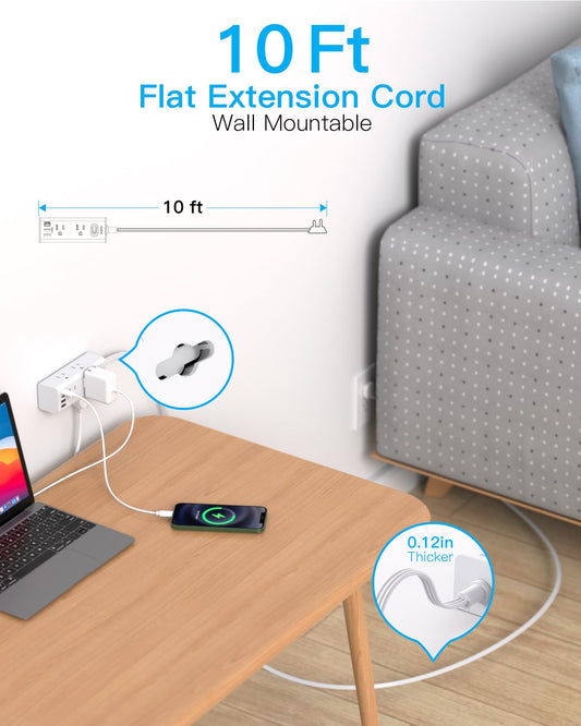 10FT Extension Cord Indoor, Power Bars with Surge Protector, Flat Plug Long Cord 6 Outlet 4 USB Ports (2 USB C) for Home, College, Dorm Room Essentials 🍁 All In One Marketplace Canada