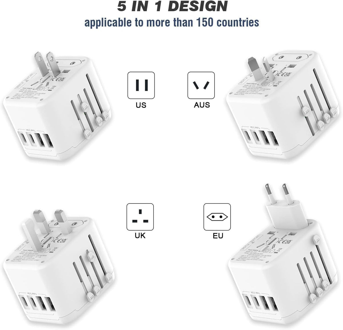 VYLEE Universal International Power Travel Plug Adapter, 5 in 1 European Travel Plug Adapter W/ 3.5A 2xUSB-A and 2xUSB C Wall Charger and Worldwide AC Outlet for Europe USA UK AUS Asia (White) 🍁 All In One Marketplace Canada