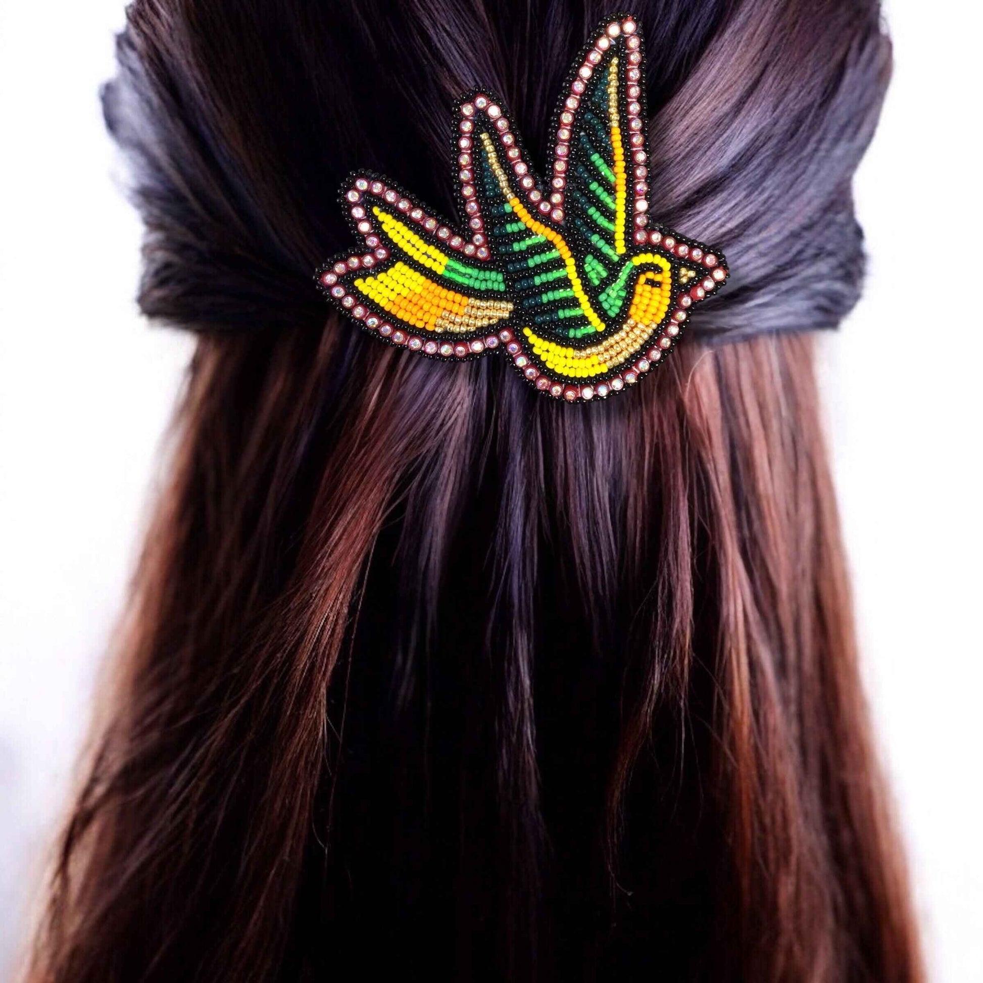 Yellow and Green Beaded Hummingbird Barrette