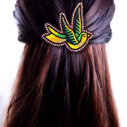 Yellow and Green Beaded Hummingbird Barrette