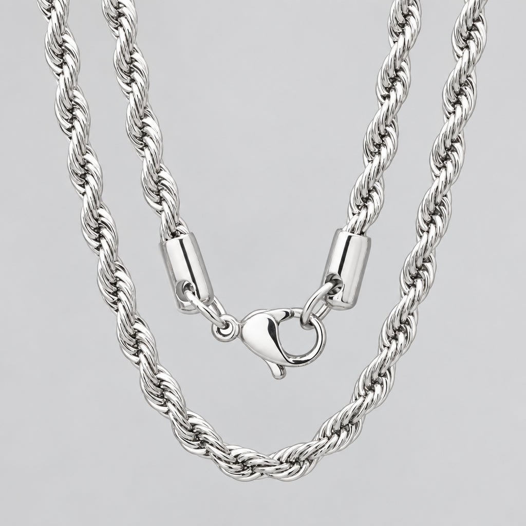 Men’s 24" Stainless Steel Silver Rope Chain Necklace. Heavy-Duty Biker Necklace