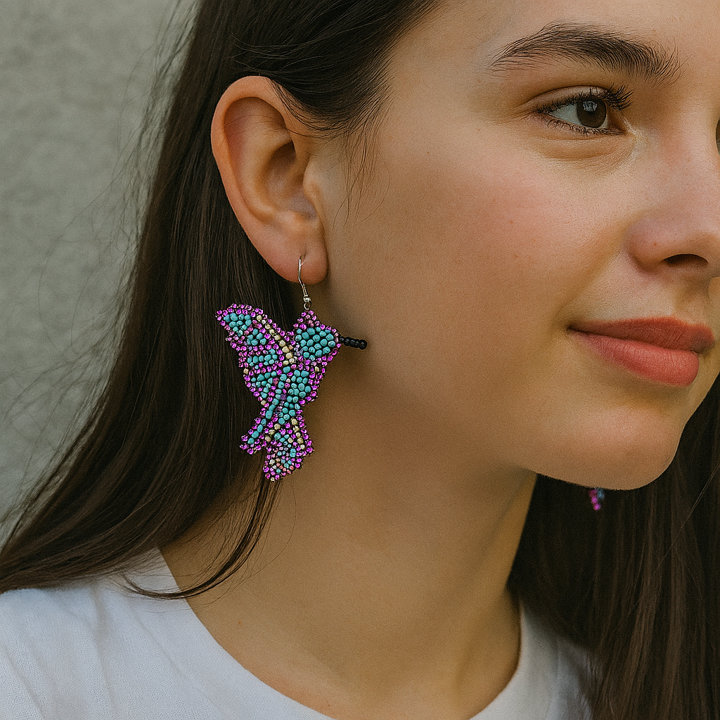Pink turquoise Beaded bird Earrings